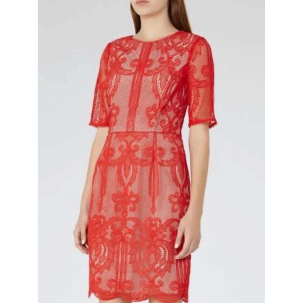 Reiss Zola Red Lace Short Sleeve Sheath Dress Size US 6 UK 10 EU 38